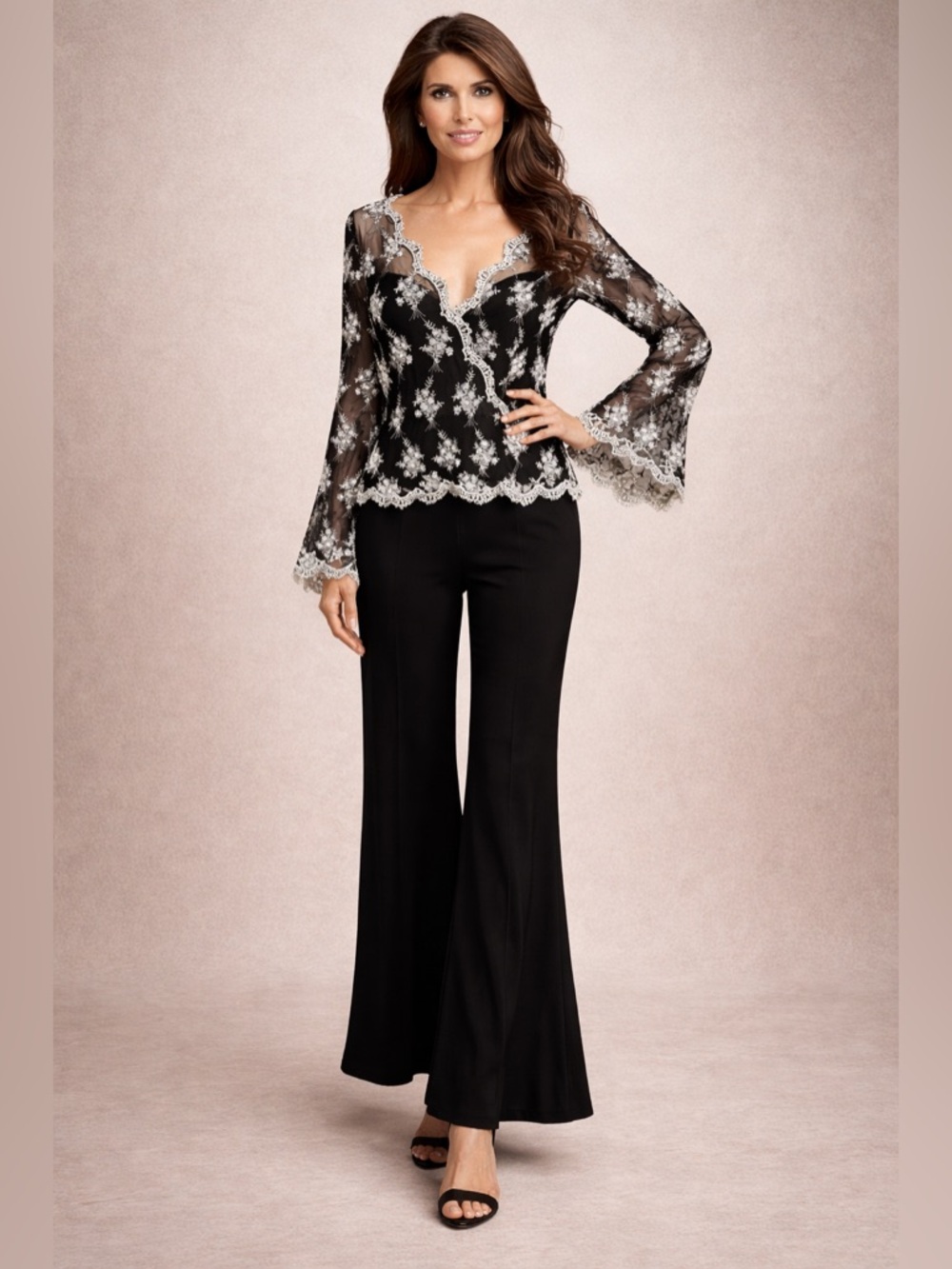 💖 Victoria Royal 2-Piece Silk Ensemble: Black Pants & White Beaded Top, Size 10